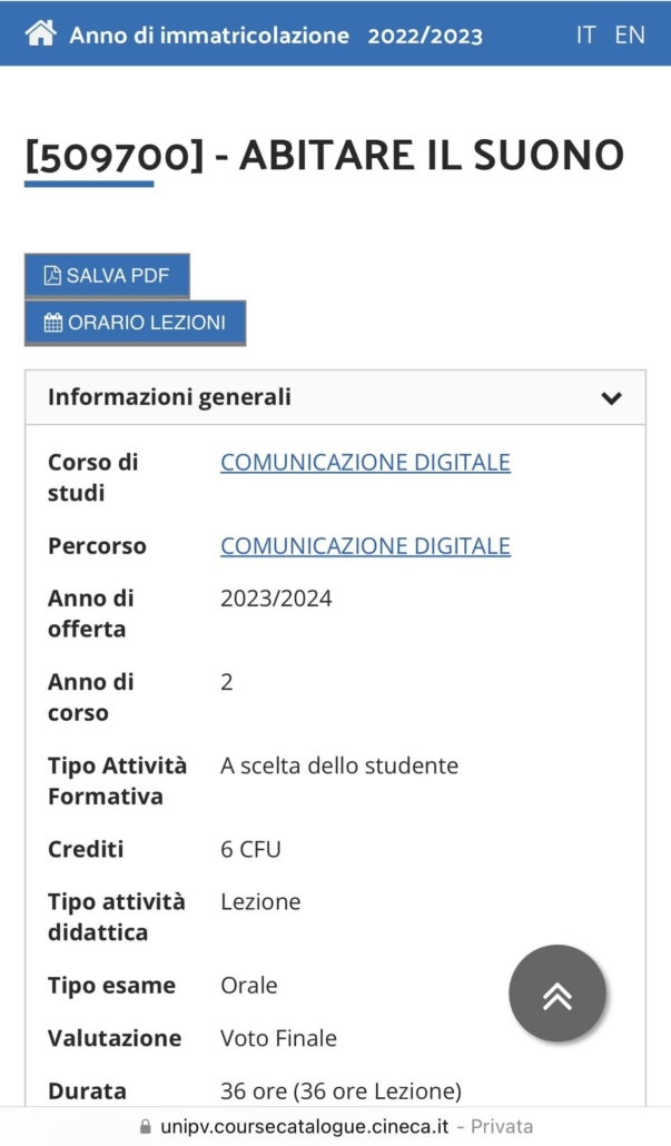 Abitare il Suono - Corso di laurea in Comunicazione Digitale - Università di Pavia